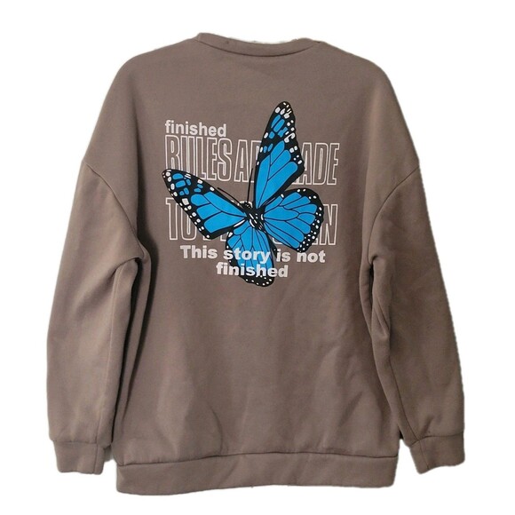 SHEIN Tops - Shein Sweatshirt Womens M Taupe Butterfly Graphic Print Crewneck Pullover